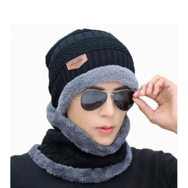 Head &amp; Neck Cap Beanies Combo - woolen winter beanie cap with neck warmer muffler for men and women