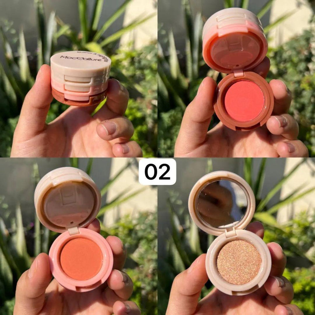 Mocallure 3 in 1 blusher highlighter kit Package Includes: 1 x Blusher Highlighter Kit Product Feature: Glowy, 2 in 1 (Random color)