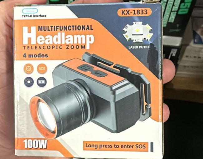 Powerful 100W KX-1833 Headlamp – 4 Modes with Telescope Zoom for Ultimate Outdoor Performance
