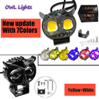 Owl Fog Light for Bikes metal body  - 8 Working Modes LED Motorcycle Fog Headlights with Multicolor DRL, Universal Fitment, and Auxiliary Spotlights