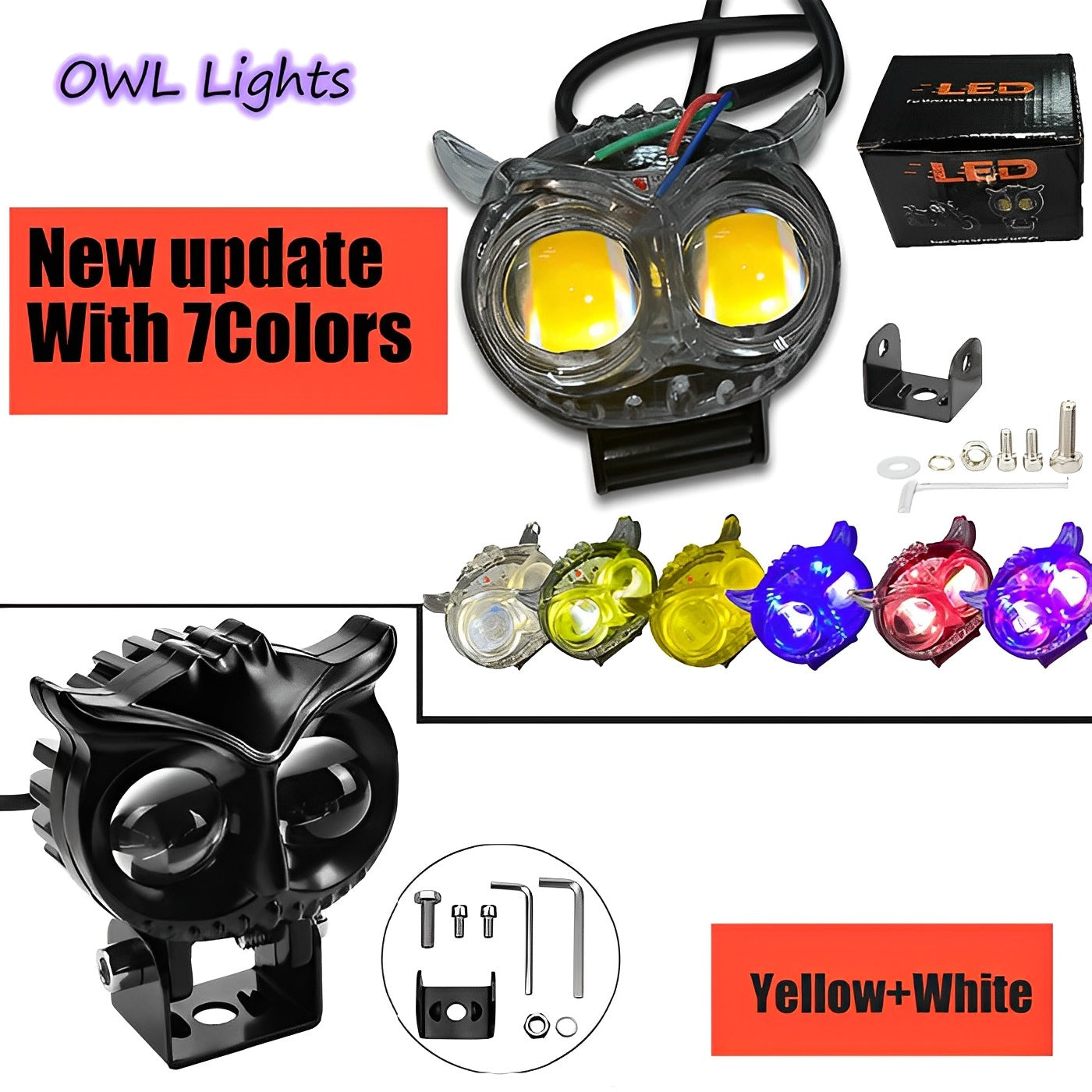 PACK OF 2 Owl Shape Crystal Multi Color Drl Led Fog Light For Bikes Universal Fitment For Bikes  Metal Back Body