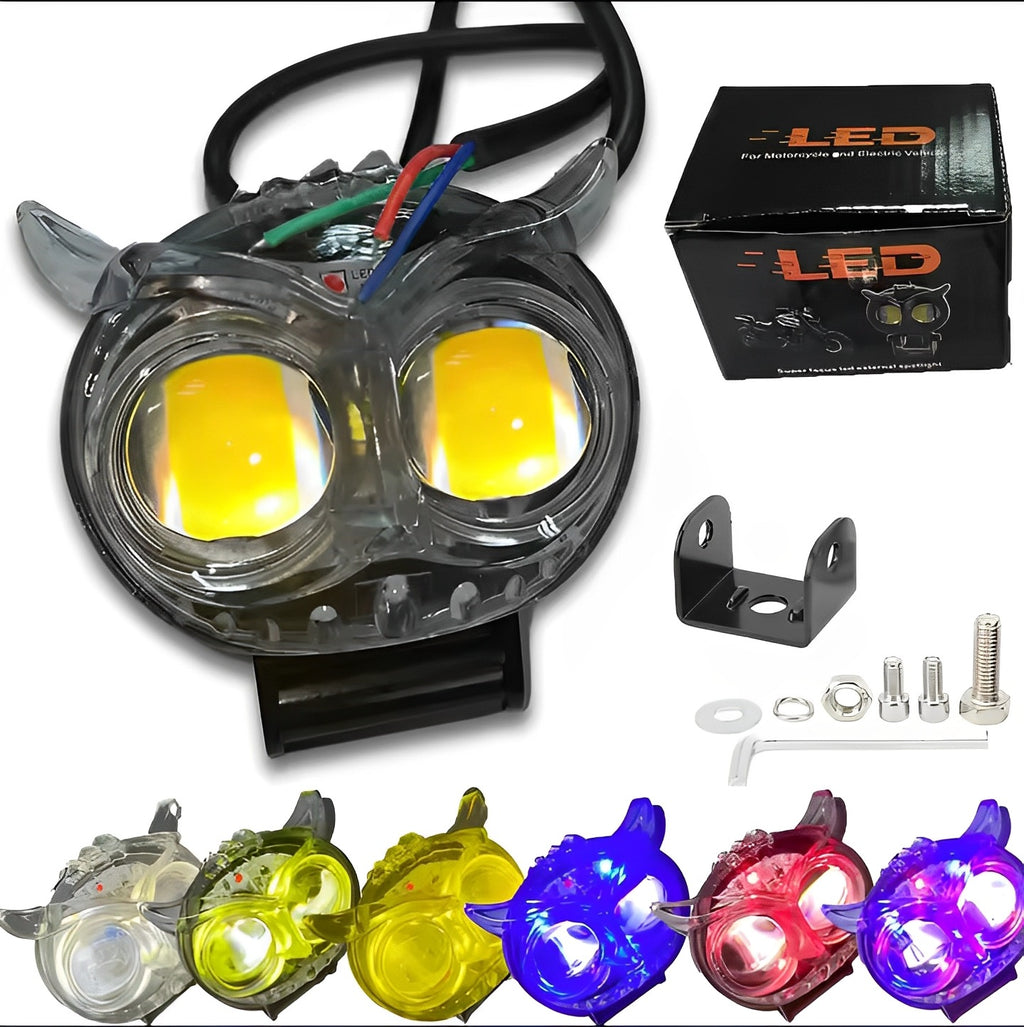 PACK OF 2 Owl Shape Crystal Multi Color Drl Led Fog Light For Bikes Universal Fitment For Bikes  Metal Back Body