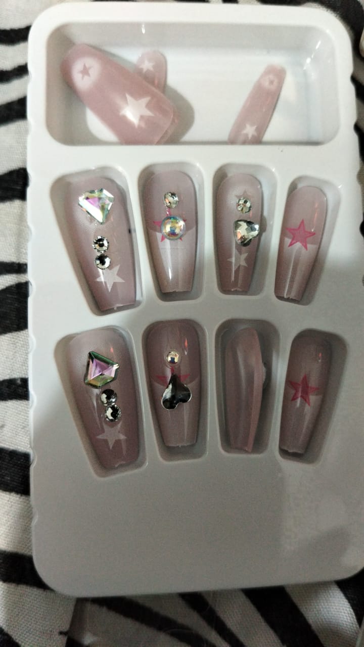 10 PCs Fake Nails False Nails Wearable Nails Stylish Pattern Artificial Nails | Fake Nails For Girls | Artificial Nails For Women with Sticking Dots ( Random Design )