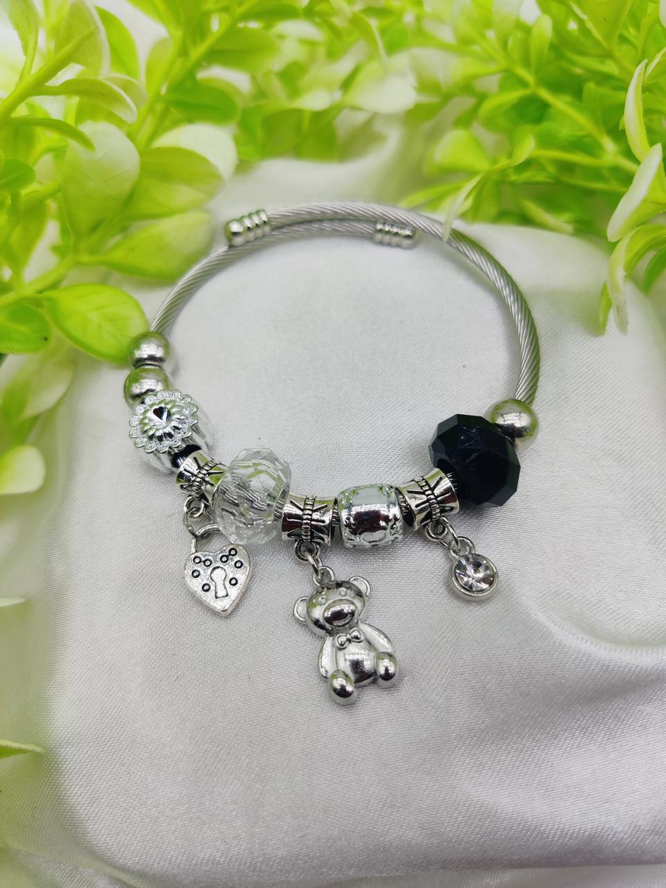 1 Piece Imported Pandora-Inspired Silver Charm Bracelet – Heart &amp; Teddy Accents | Best Quality Bracelet For Girls &amp; Women | Girls &amp; Women Jewellery