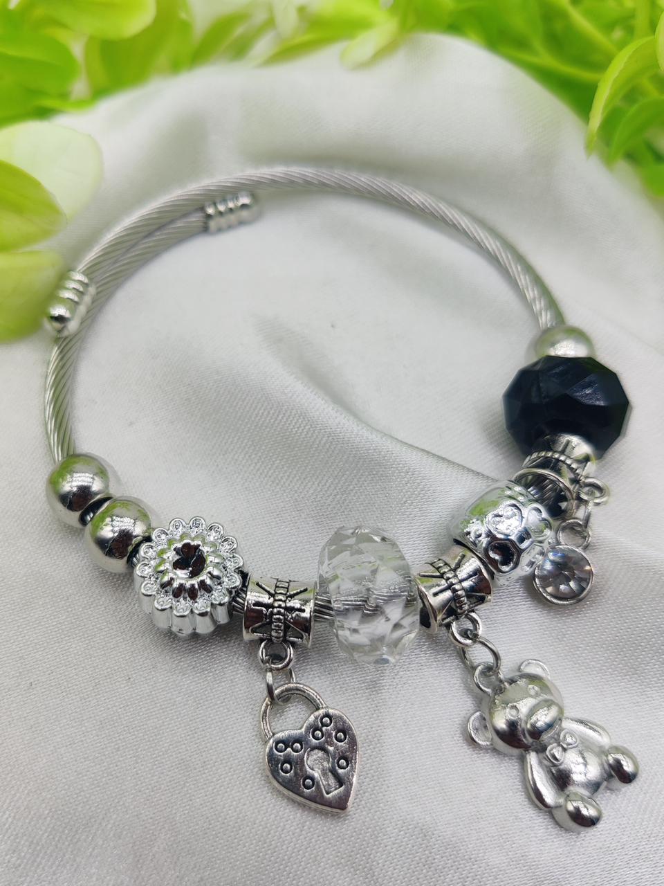 1 Piece Imported Pandora-Inspired Silver Charm Bracelet – Heart &amp; Teddy Accents | Best Quality Bracelet For Girls &amp; Women | Girls &amp; Women Jewellery