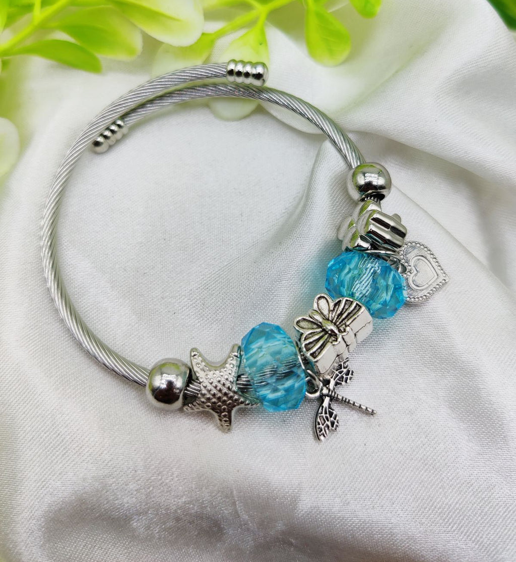 Imported Elegant Pandora-Inspired Silver Charm Bracelet with Ocean Blue Beads &amp; Delicate Charms| Best Quality Bracelet For Girls &amp; Women
