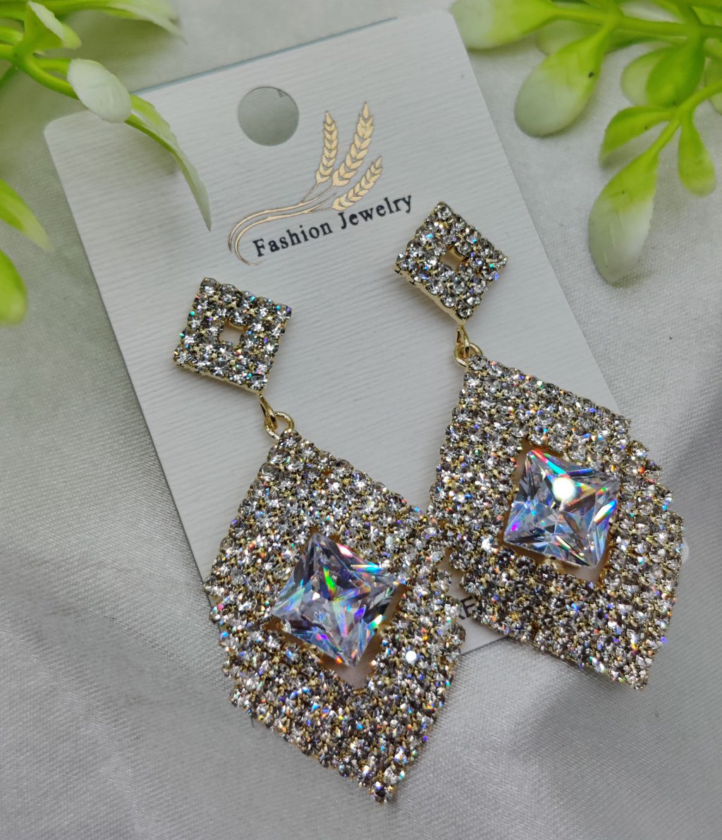 Imported Dazzling Geometric Crystal Drop Earrings - Nickel-Free Luxury Earrings – Nickel Free Earrings - Luxurious Gold Finish | Best Quality Artificial Earrings For Girls &amp; Women