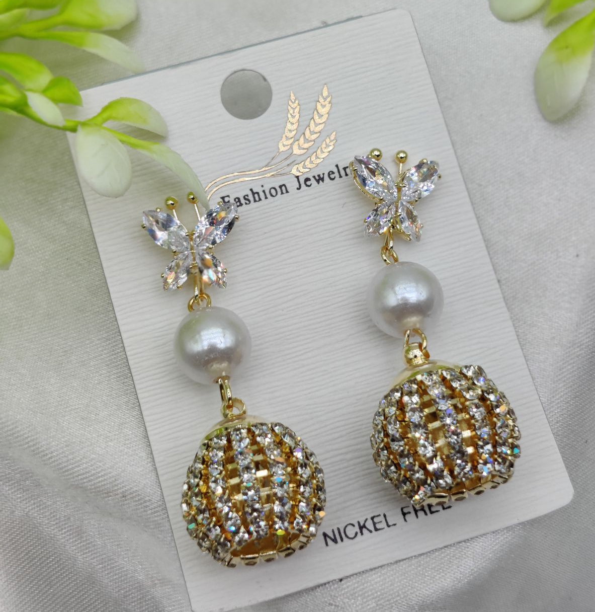 Import Elegant Butterfly Pearl Drop Earrings with Crystal Sphere Charm