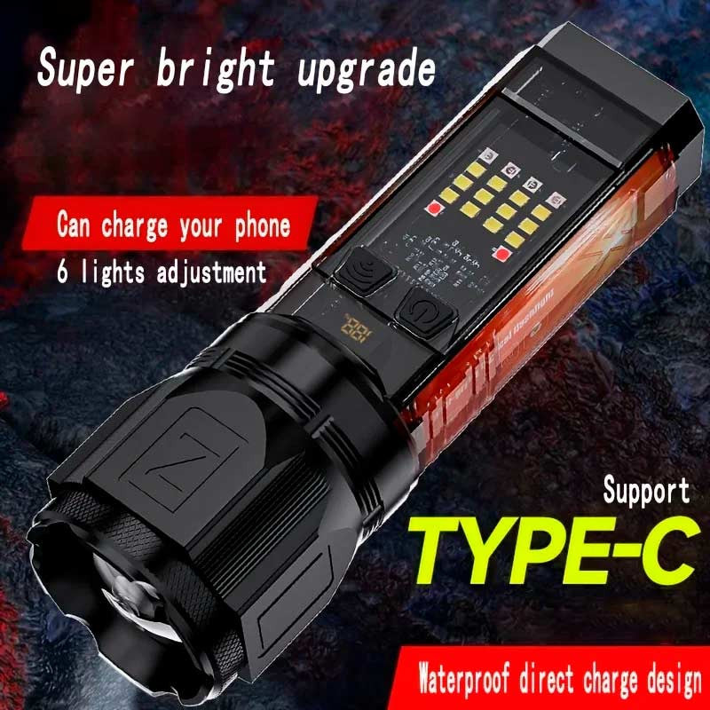 X-46 Multifunctional Flashlight – Telescopic Zoom, Type-C Charging, Power Bank &amp; Multiple Light Modes