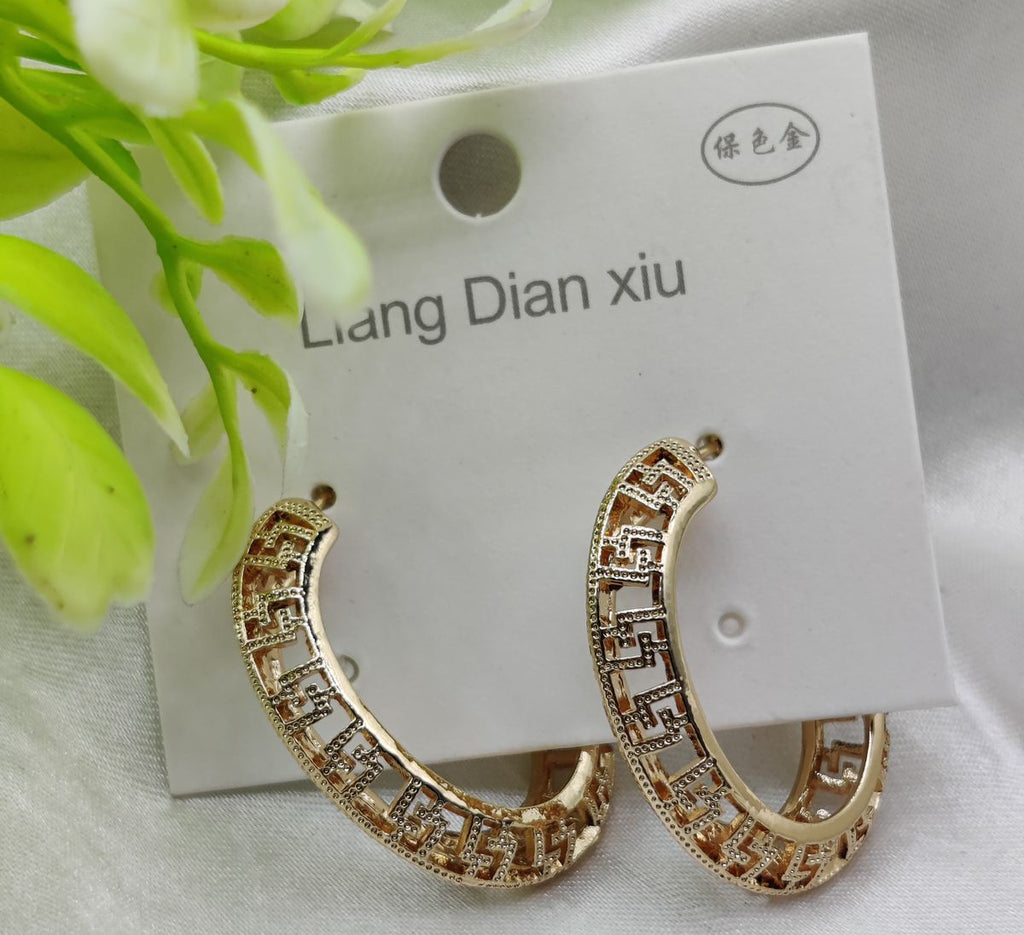 Imported Elegant Geometric Pattern Hoop Earrings - Luxurious Gold Finish | Best Quality Artificial Earrings For Girls &amp; Women