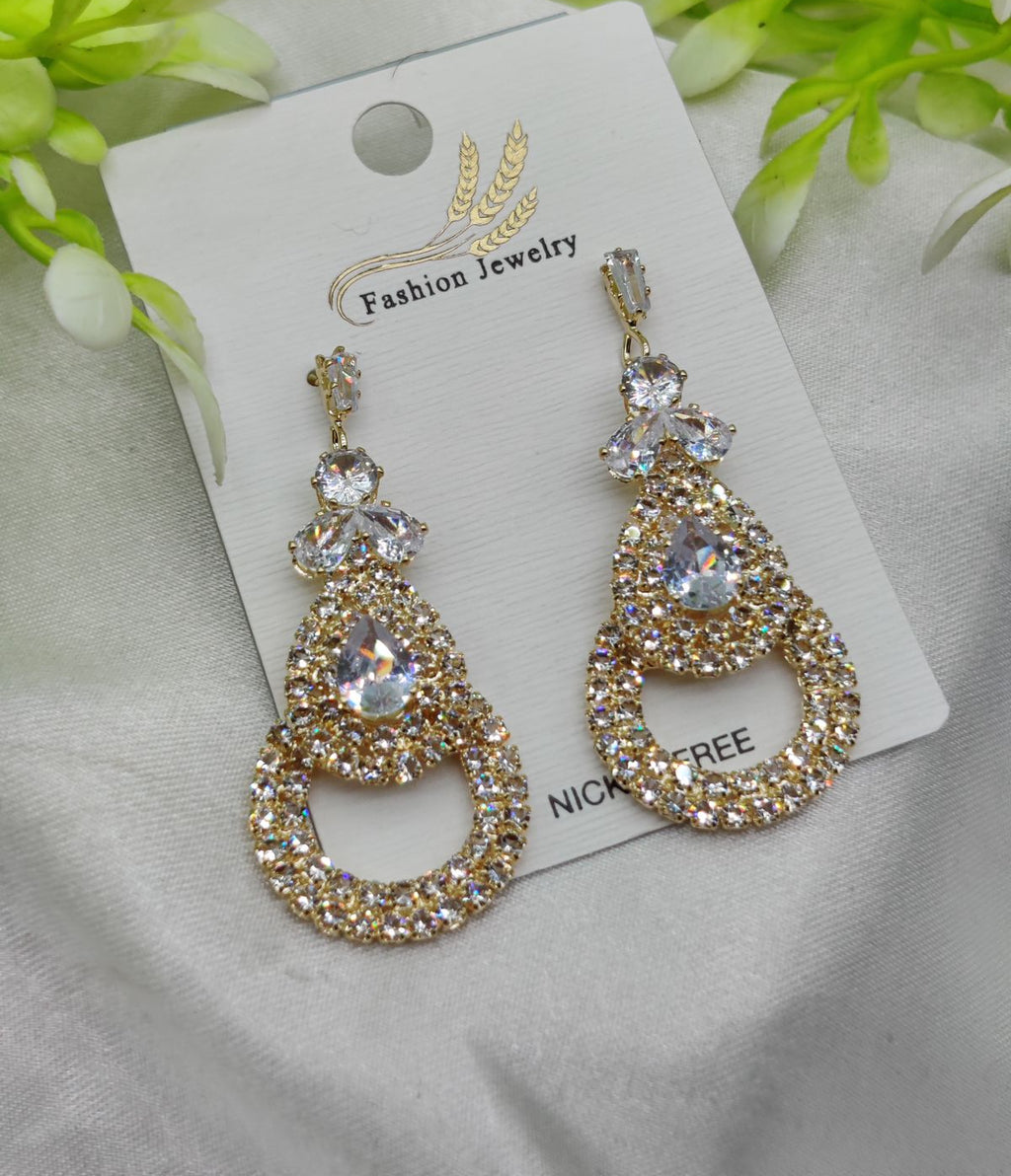 Imported Glamorous Crystal-Studded Teardrop Earrings – Nickel Free Earrings - Luxurious Gold Finish | Best Quality Artificial Earrings For Girls &amp; Women