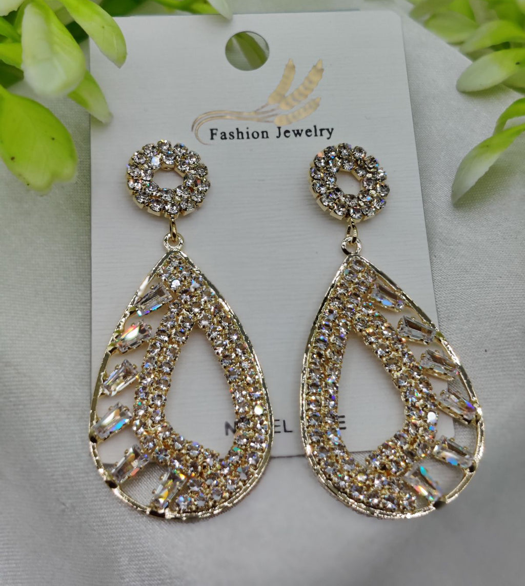 Imported Sparkling Teardrop Crystal Earrings – Elegant Statement Jewelry - Luxurious Gold Finish | Best Quality Artificial Earrings For Girls &amp; Women