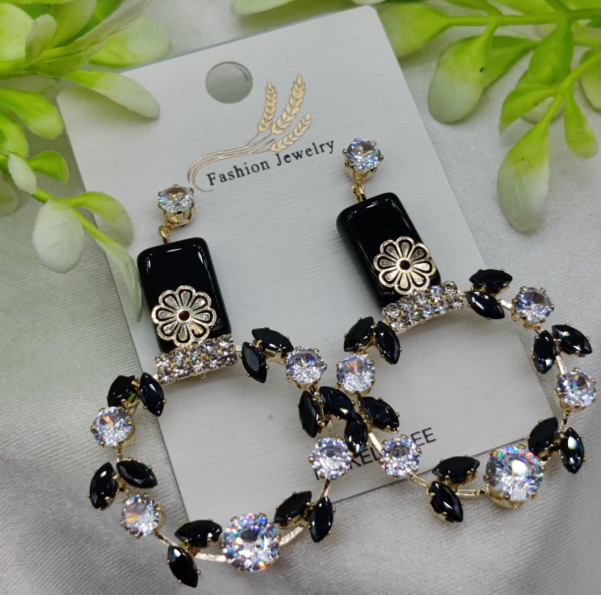 Imported Elegant Floral Hoop Earrings with Black and Crystal Accents | Best Quality Earrings For Girls &amp; Women | Luxury Look Earrings