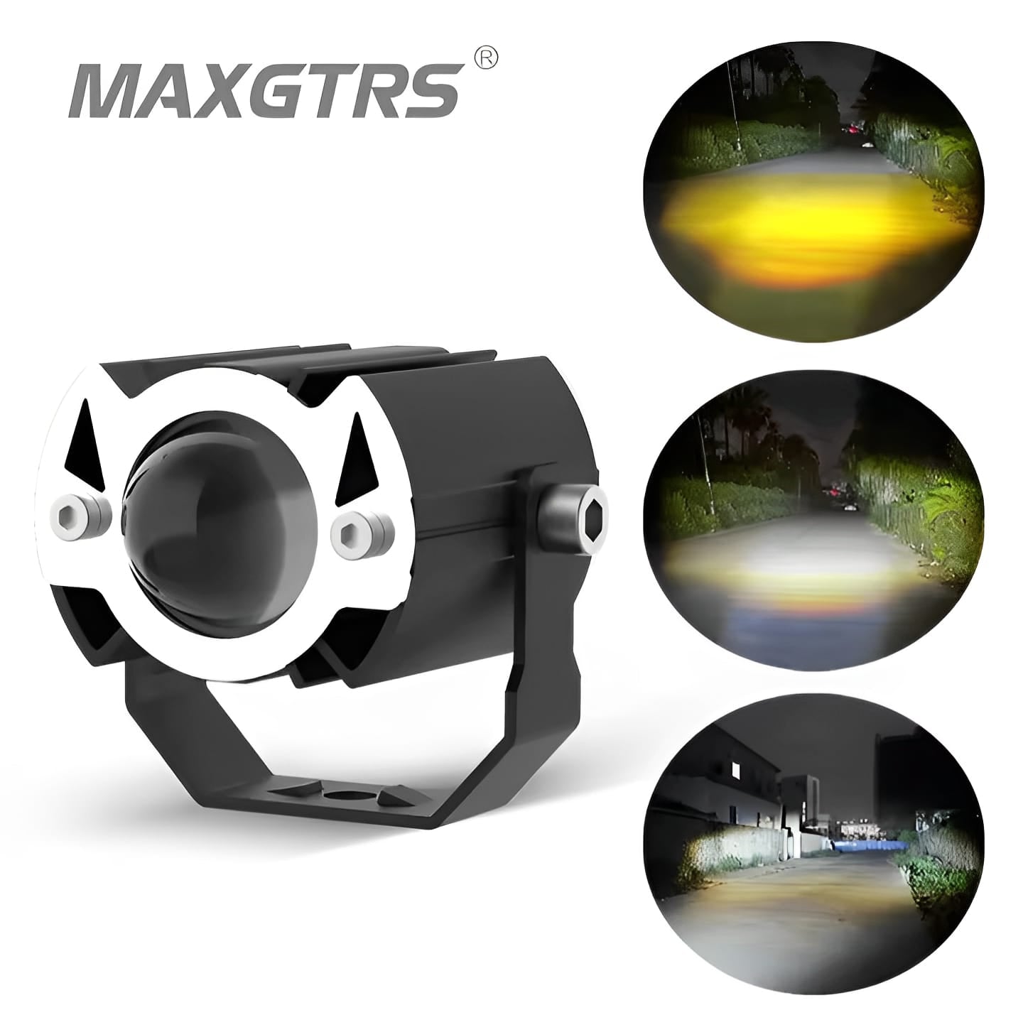 MAXGTRS Motorcycle Led Headlight Mini Projector Lens Tri-model Driving Auxiliary Scooter Spotlamp