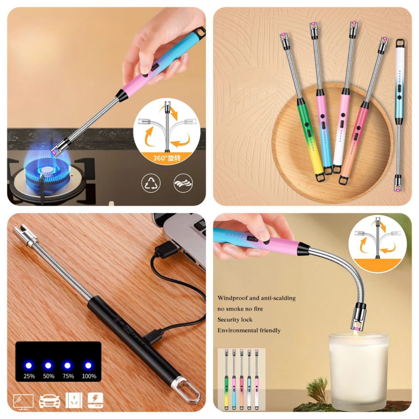 Arc Lighter With Usb Charging Cable | Flameless Windproof | LED Battery Display | Safety Switch | Rotate 360 Degrees ( Random Color )
