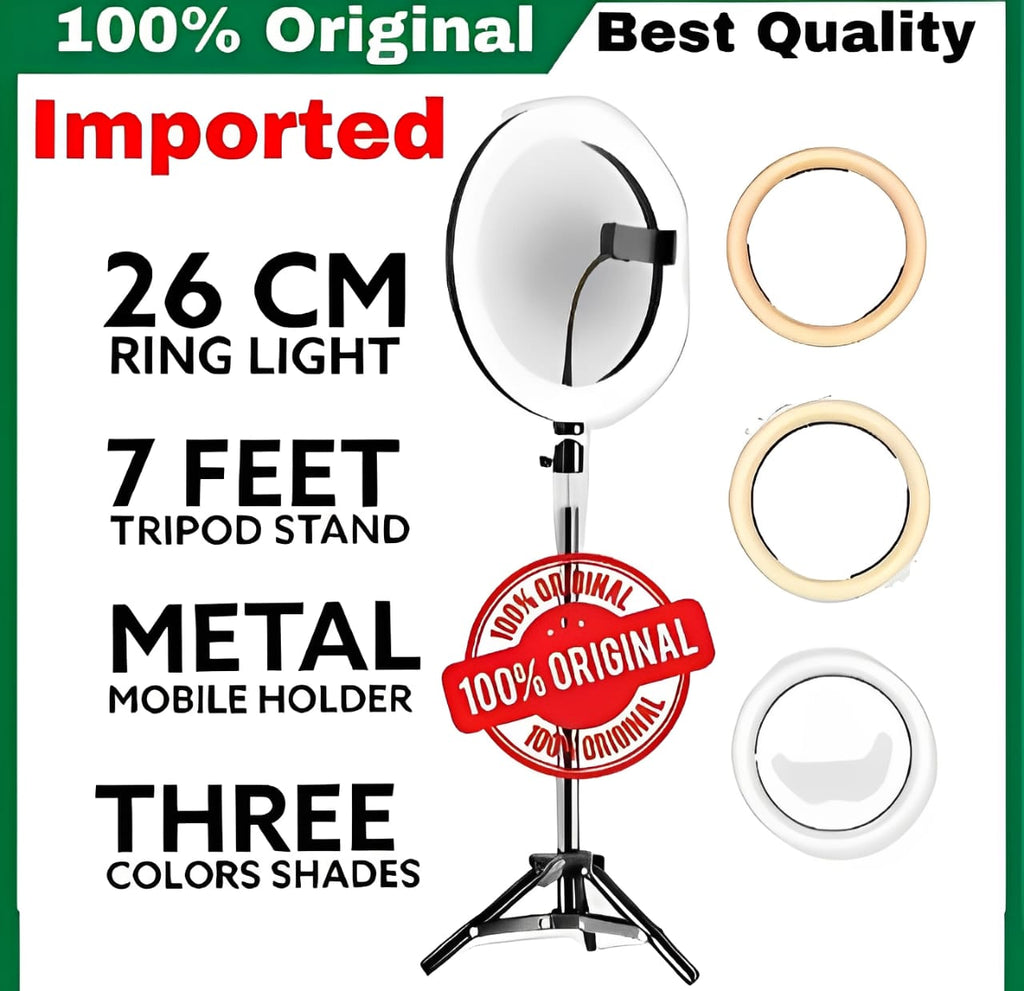 26CM LED Ring Light with Mobile Holder, 7ft Tripod Stand, 3 Light Colors, Dimmable USB Selfie Ring Light for Videography and Photography