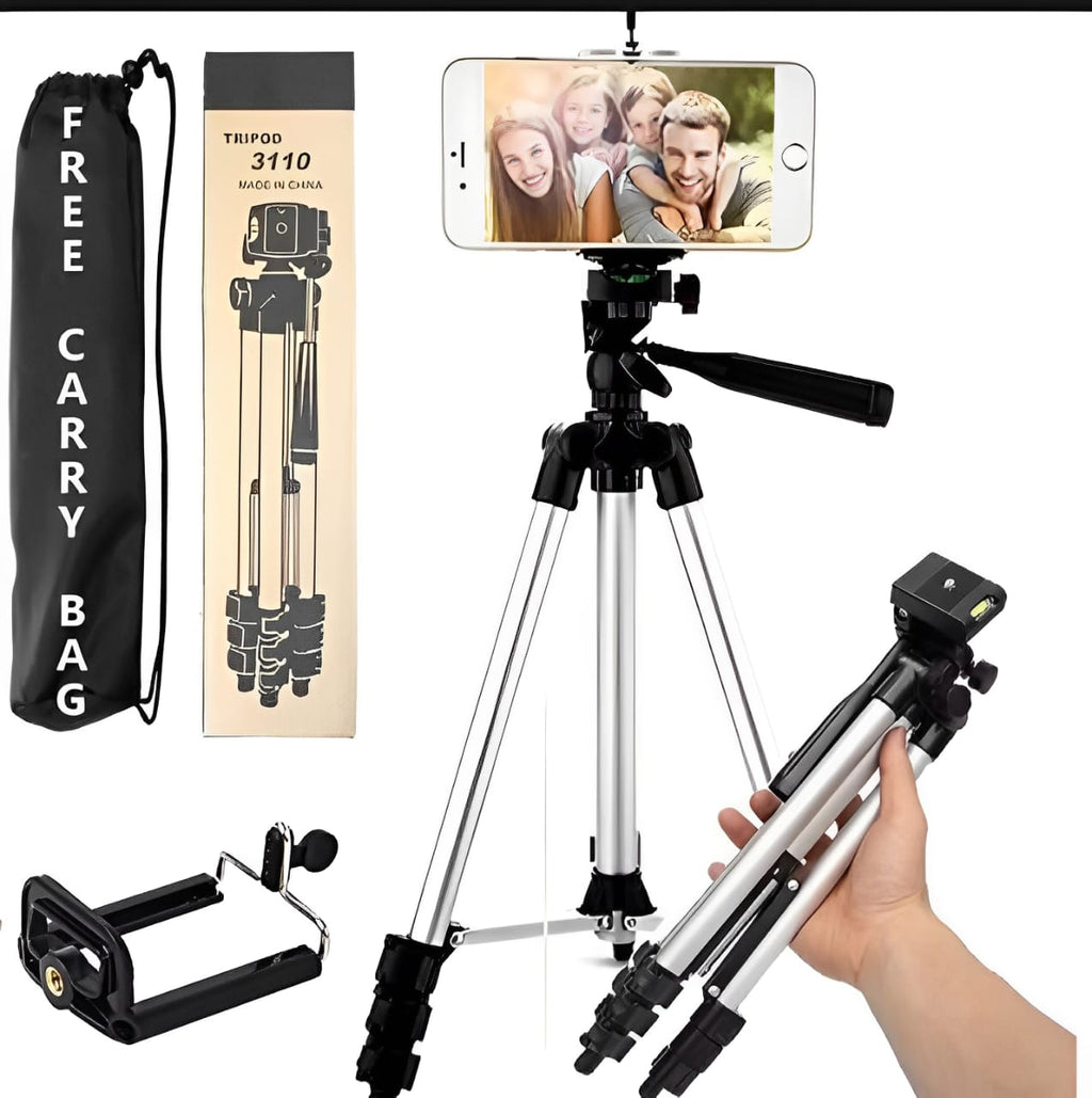 Pack Of 03 3.5 Feet Adjustable Tripod Stand for Mobile Phones and Cameras with Mobile Holder, Portable DSLR Stand for Vlogging, Universal Silver Model 3110 and Bag