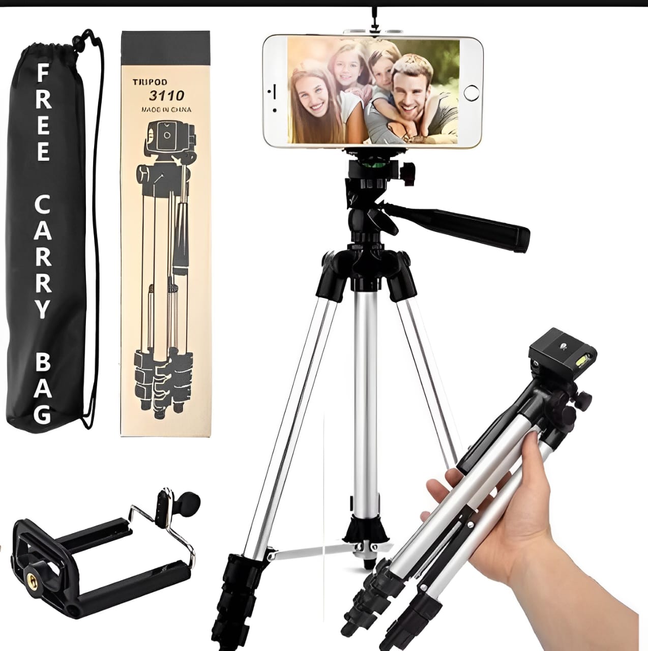 Pack Of 03 3.5 Feet Adjustable Tripod Stand for Mobile Phones and Cameras with Mobile Holder, Portable DSLR Stand for Vlogging, Universal Silver Model 3110 and Bag