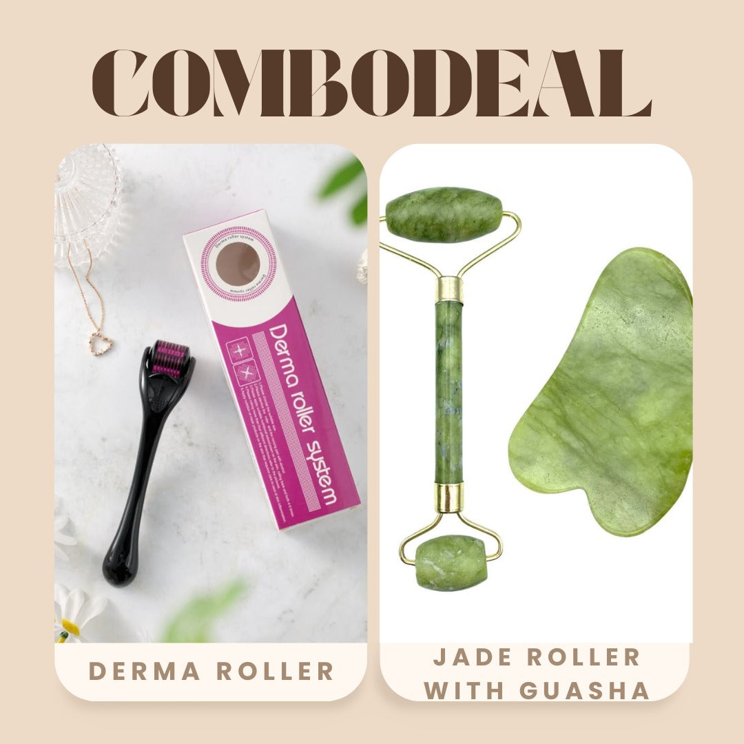 Combo Deal Of - Derma Roller 540 Titanium Needle (0.5mm) + Flawless Jade Roller With Guasha Stimulates Healthier Skin