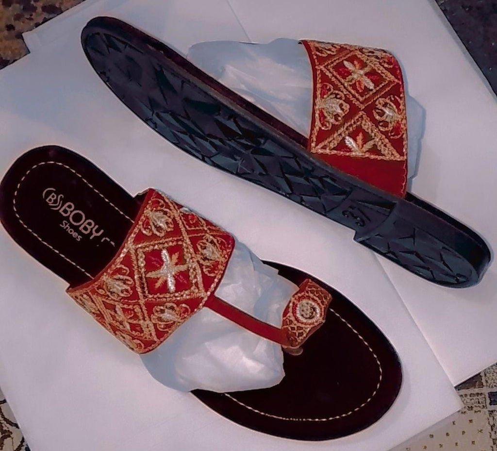 Kolhapuri Slipper Design No. 25-78 – Traditional Red &amp; Dark Maroon Handcrafted Footwear (With Box )