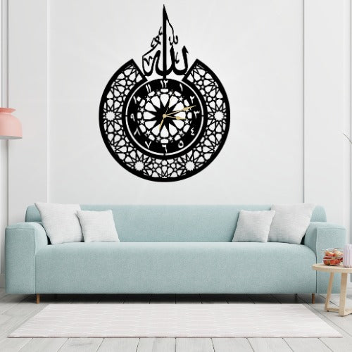 3D Islamic Wooden Wall Clock with 'Allah' Design – Elegant Decorative Clock for Home, Office or Gift – Laser Cut 3mm Lasani Wood – Lightweight, Durable &amp; Stylish