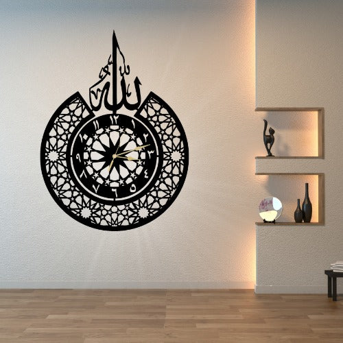 3D Islamic Wooden Wall Clock with 'Allah' Design – Elegant Decorative Clock for Home, Office or Gift – Laser Cut 3mm Lasani Wood – Lightweight, Durable &amp; Stylish