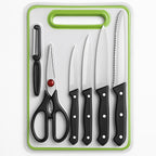 6 in 1 Stainless Steel Knives Set– For meat, bread, fruits, and vegetables | Kitchen Knife Set with Scissors, Peeler &amp; Cutting Board – All-in-One Cooking Essentials with Ergonomic Handles &amp; Sharp Stainless Steel Blades