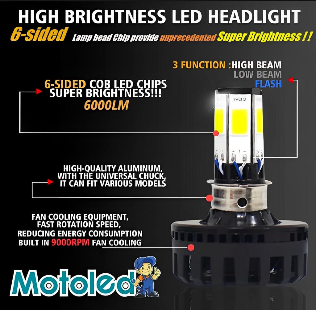 M6 LED Universal Headlight with Fan for All Bikes | universal fitting 3 function High/Low and flasher light