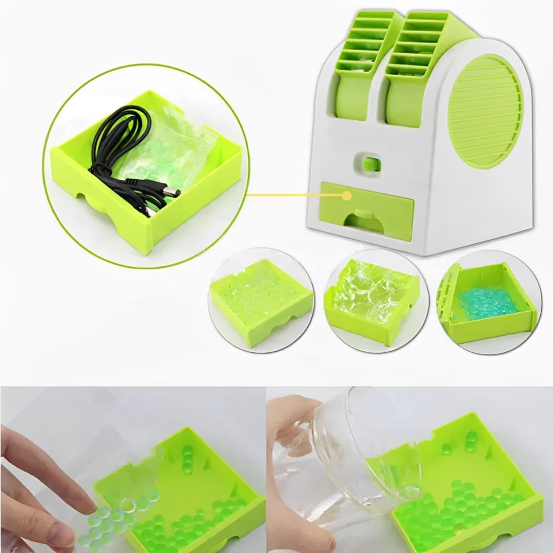 Portable Mini AC Air Cooler – USB &amp; Battery Operated | Dual Blower with Ice Tray | Blade-less Cooling Fan for Home, Shop, Kitchen, Table &amp; Outdoor Use