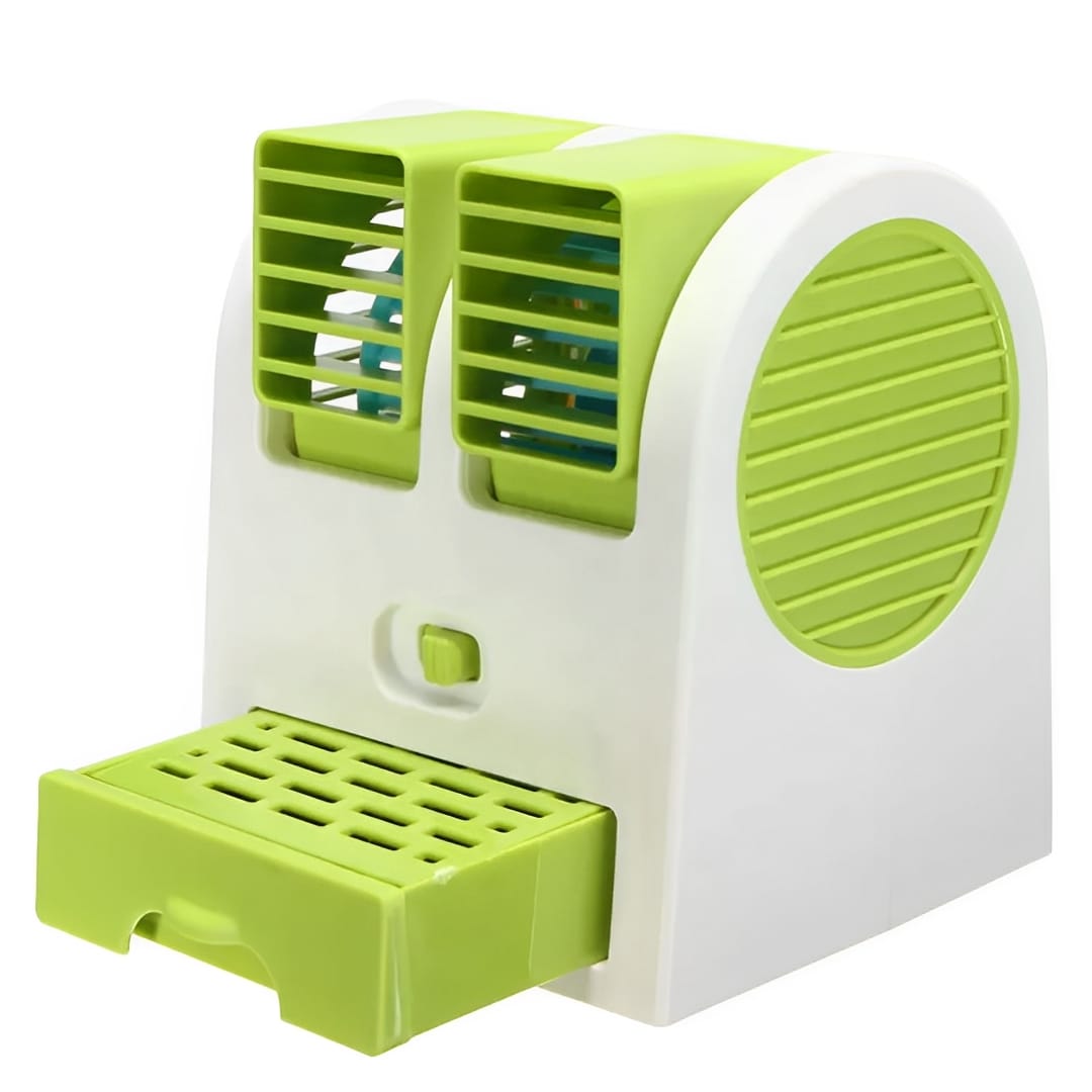 Portable Mini AC Air Cooler – USB &amp; Battery Operated | Dual Blower with Ice Tray | Blade-less Cooling Fan for Home, Shop, Kitchen, Table &amp; Outdoor Use