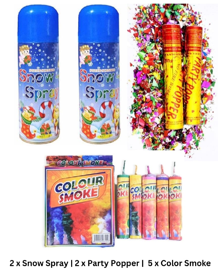 Celebration Combo Pack – 2 Snow Sprays + 2 Party Poppers + 5 Color Smoke Bombs for Birthdays &amp; Parties