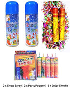 Celebration Combo Pack – 2 Snow Sprays + 2 Party Poppers + 5 Color Smoke Bombs for Birthdays &amp; Parties