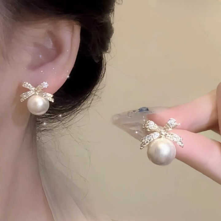 Bow sparkle diamond pearl stud earrings /  Pearl Earrings Women's Earrings for Gift