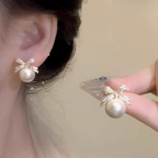 Bow sparkle diamond pearl stud earrings /  Pearl Earrings Women's Earrings for Gift