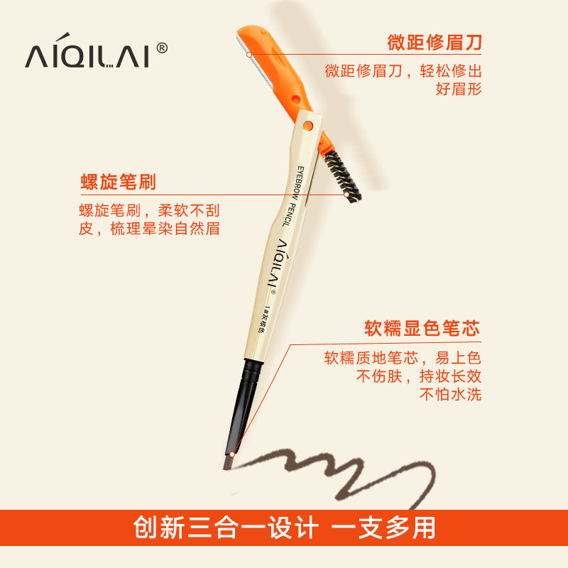 Aiqilai 3 in 1 Eyebrow Pencil | Eyebrow Pencil Gel | Anti-Smudge | Long-Lasting | Three-in-One | Double-Headed | Folding Eyebrow Trimming Knife | Brush