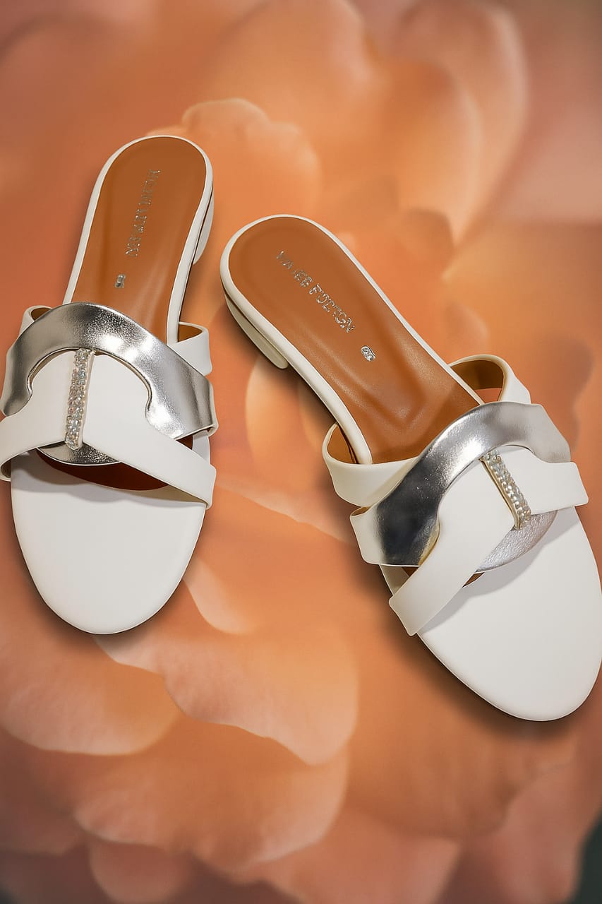 White &amp; Silver Premium Slippers – Elegant Design, Comfy Feel &amp; Stylish Look | Shine with every step — comfort, elegance and class in one perfect pair | Slipper | Slipper For Women (With Box)