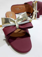 Stylish Maroon Block Heel Slip-On Slippers for Women with Golden Bow and Rhinestone Detailing – Comfortable Daily &amp; Party Wearone perfect pair Stylish | Comfortable | Premium Quality | Slipper | Slipper For Women (With Box)