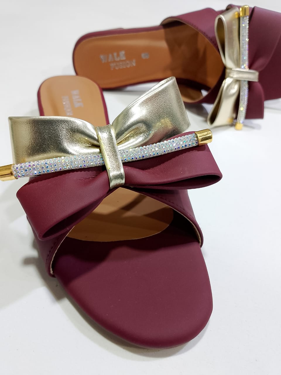 Stylish Maroon Block Heel Slip-On Slippers for Women with Golden Bow and Rhinestone Detailing – Comfortable Daily &amp; Party Wearone perfect pair Stylish | Comfortable | Premium Quality | Slipper | Slipper For Women (With Box)