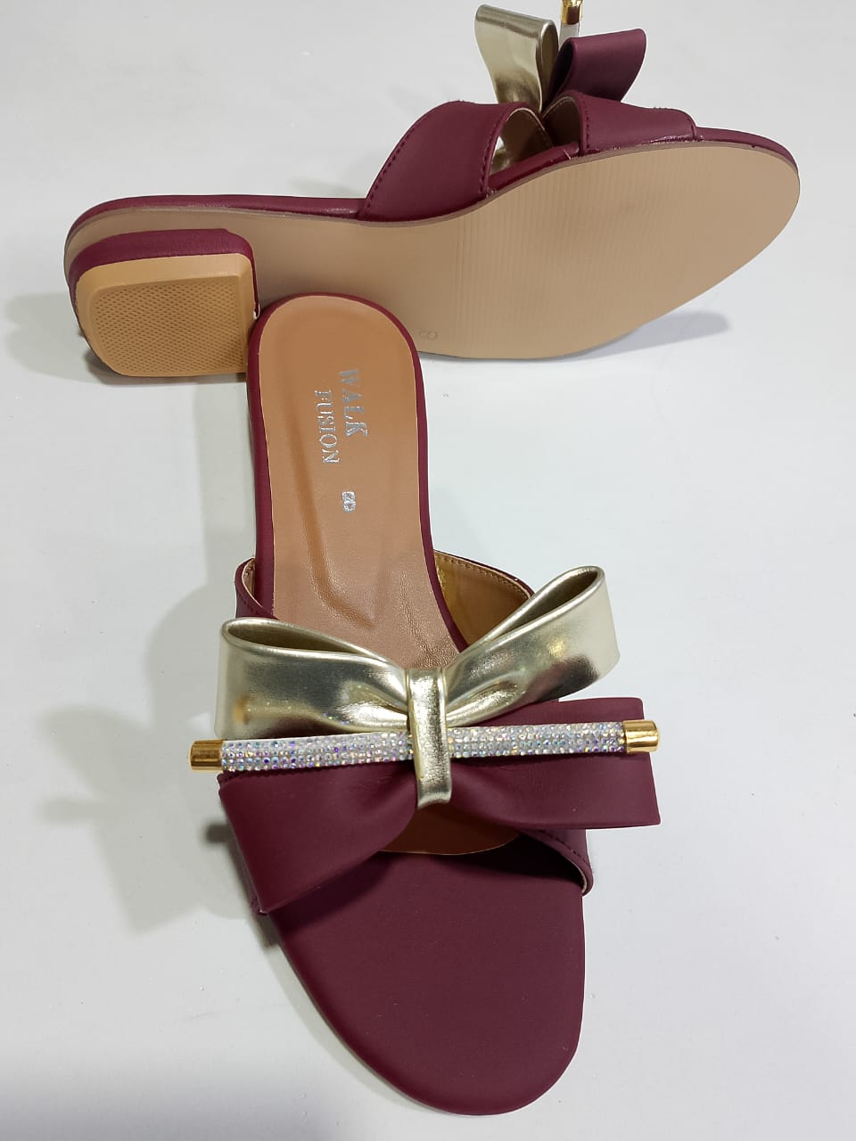 Stylish Maroon Block Heel Slip-On Slippers for Women with Golden Bow and Rhinestone Detailing – Comfortable Daily &amp; Party Wearone perfect pair Stylish | Comfortable | Premium Quality | Slipper | Slipper For Women (With Box)