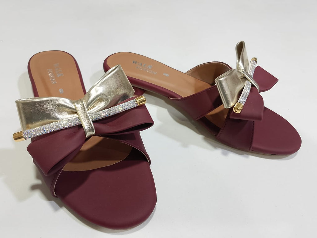 Stylish Maroon Block Heel Slip-On Slippers for Women with Golden Bow and Rhinestone Detailing – Comfortable Daily &amp; Party Wearone perfect pair Stylish | Comfortable | Premium Quality | Slipper | Slipper For Women (With Box)