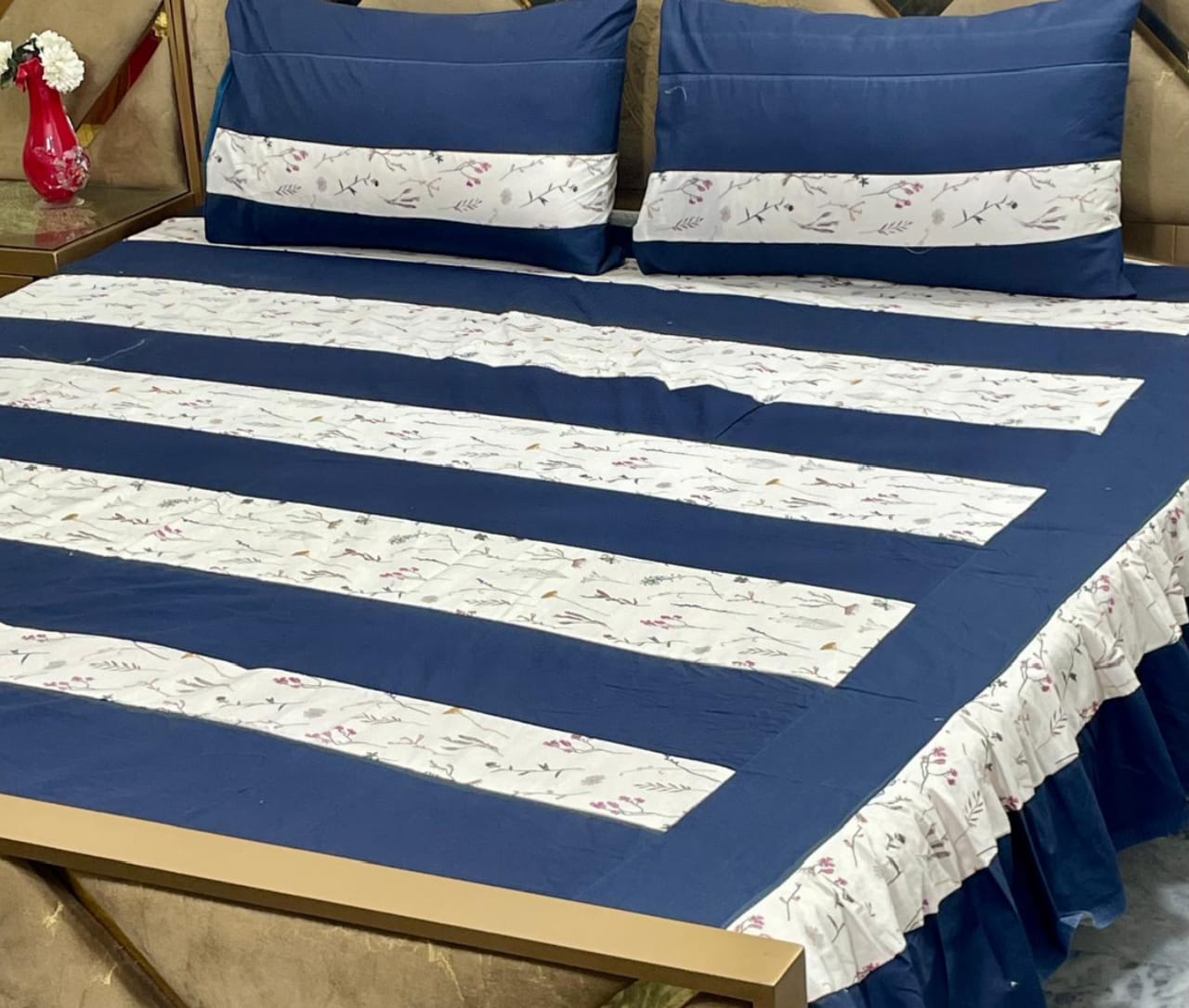 Luxury 3-Piece Frill Patchwork Double Bed Bedsheet Set – Soft Cotton Blend, Multicolor, Includes 2 Pillow Covers, Elegant Frilled Edges