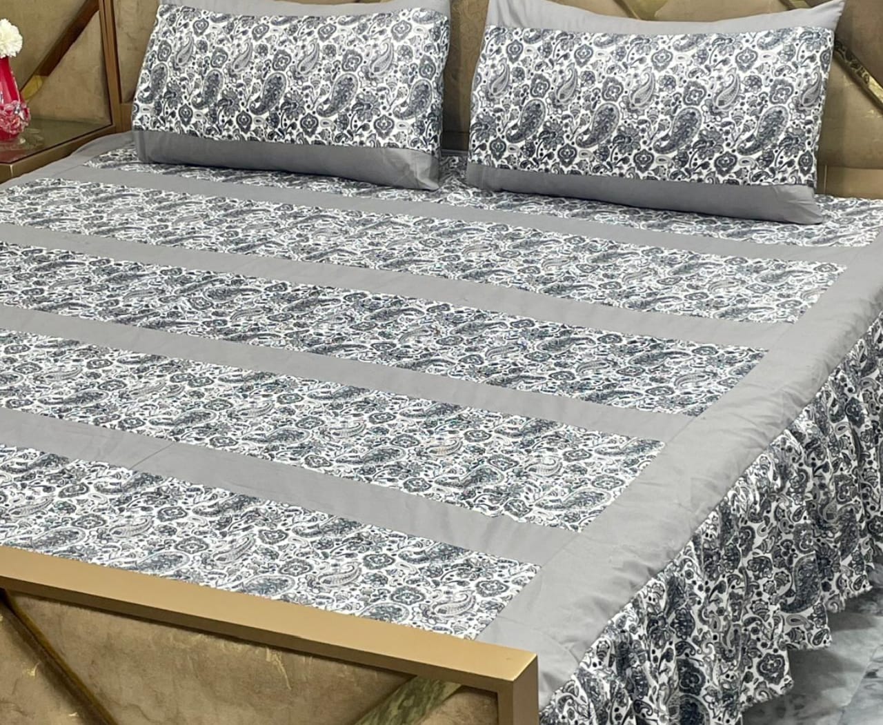 Luxury 3-Piece Frill Patchwork Double Bed Bedsheet Set – Soft Cotton Blend, Multicolor, Includes 2 Pillow Covers, Elegant Frilled Edges