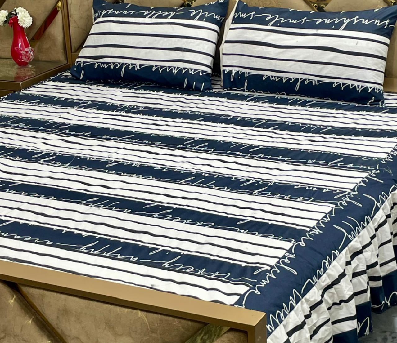 Luxury 3-Piece Frill Patchwork Double Bed Bedsheet Set – Soft Cotton Blend, Multicolor, Includes 2 Pillow Covers, Elegant Frilled Edges