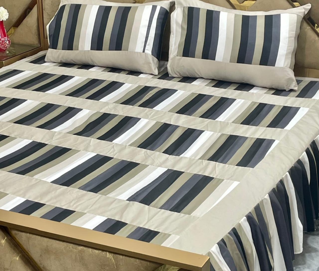 Luxury 3-Piece Frill Patchwork Double Bed Bedsheet Set – Soft Cotton Blend, Multicolor, Includes 2 Pillow Covers, Elegant Frilled Edges