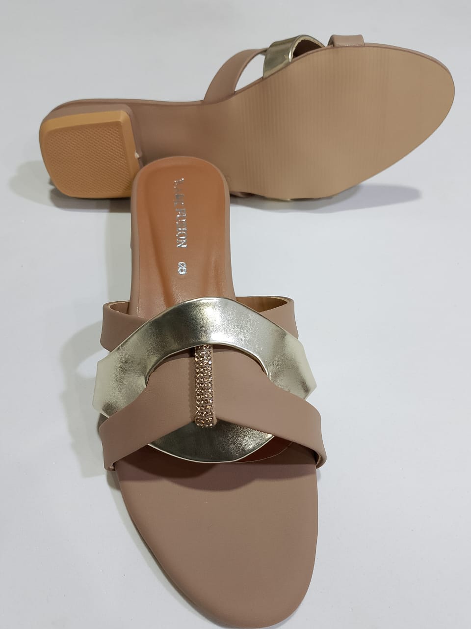 Women's Tan &amp; Gold Embellished Flat Sandals – Stylish Slip-On Slides with Luxury Comfort &amp; Chic Gold Accent Shine with every step — comfort class in one perfect pair | Slipper | Slipper For Women (With Box)