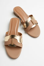 Women's Tan &amp; Gold Embellished Flat Sandals – Stylish Slip-On Slides with Luxury Comfort &amp; Chic Gold Accent Shine with every step — comfort class in one perfect pair | Slipper | Slipper For Women (With Box)
