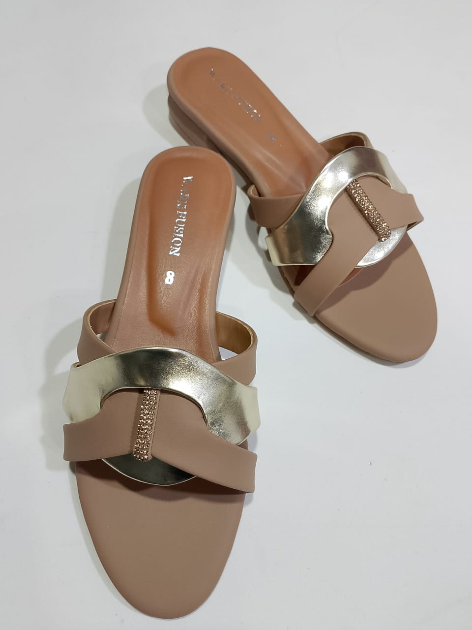 Women's Tan &amp; Gold Embellished Flat Sandals – Stylish Slip-On Slides with Luxury Comfort &amp; Chic Gold Accent Shine with every step — comfort class in one perfect pair | Slipper | Slipper For Women (With Box)