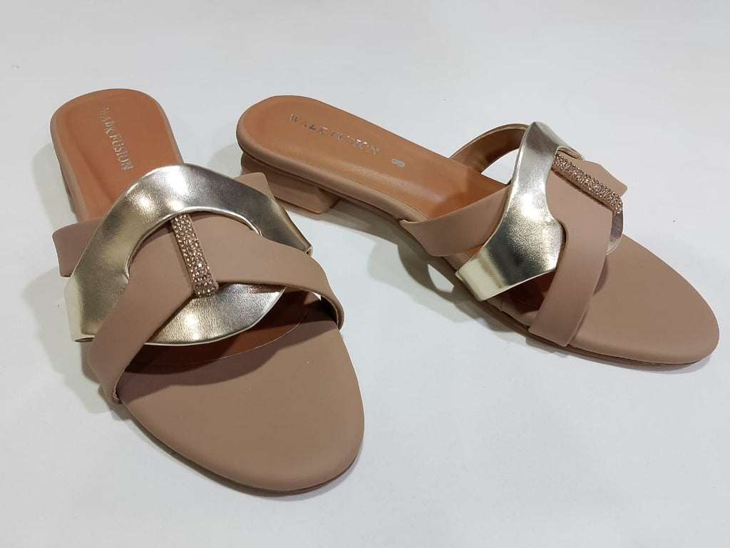 Women's Tan &amp; Gold Embellished Flat Sandals – Stylish Slip-On Slides with Luxury Comfort &amp; Chic Gold Accent Shine with every step — comfort class in one perfect pair | Slipper | Slipper For Women (With Box)