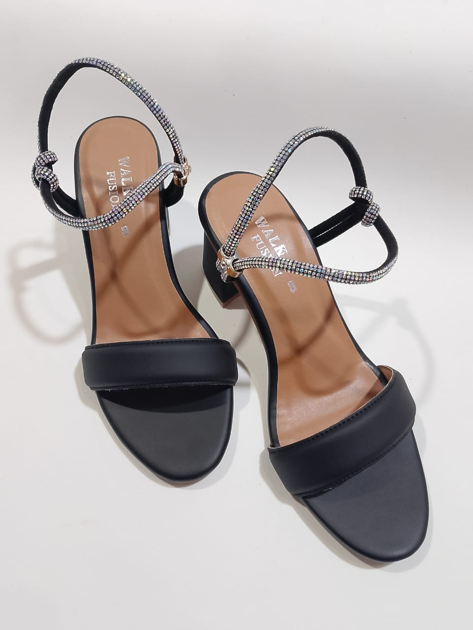 Women’s Black Block Heel Sandals with Sparkling Rhinestone Straps | Elegant Party &amp; Casual Footwear