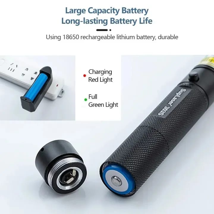 Special Edition High-Power 303 Green Laser Pointer with Adjustable Focus, 8 Designs &amp; Shapes, 5km Range – Rechargeable Battery, Charger &amp; Safety Lock